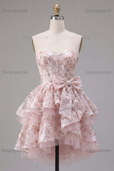 Pink Floral Sweetheart Ruffled A-Line Corset Short Homecoming Dress with Bow