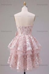 Pink Floral Sweetheart Ruffled A-Line Corset Short Homecoming Dress with Bow