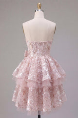 Pink Corset Ruffled A Line Short Floral Sweetheart Homecoming Dress with Bow