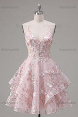 Pink Floral V-Neck Cut-Out Ruffled A-Line Corset Short Homecoming Dress