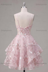 Pink Floral V-Neck Cut-Out Ruffled A-Line Corset Short Homecoming Dress