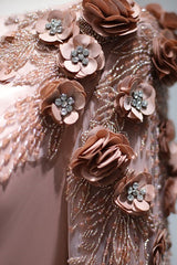 Pink Detachable Train Prom Dress Long Sleeve Bateau Neck Formal Dress With 3D Flowers