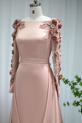 Pink Detachable Train Prom Dress Long Sleeve Bateau Neck Formal Dress With 3D Flowers