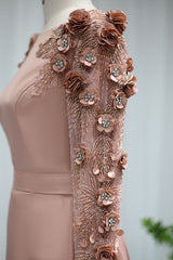 Pink Detachable Train Prom Dress Long Sleeve Bateau Neck Formal Dress With 3D Flowers