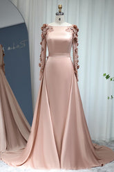 Pink Detachable Train Prom Dress Long Sleeve Bateau Neck Formal Dress With 3D Flowers