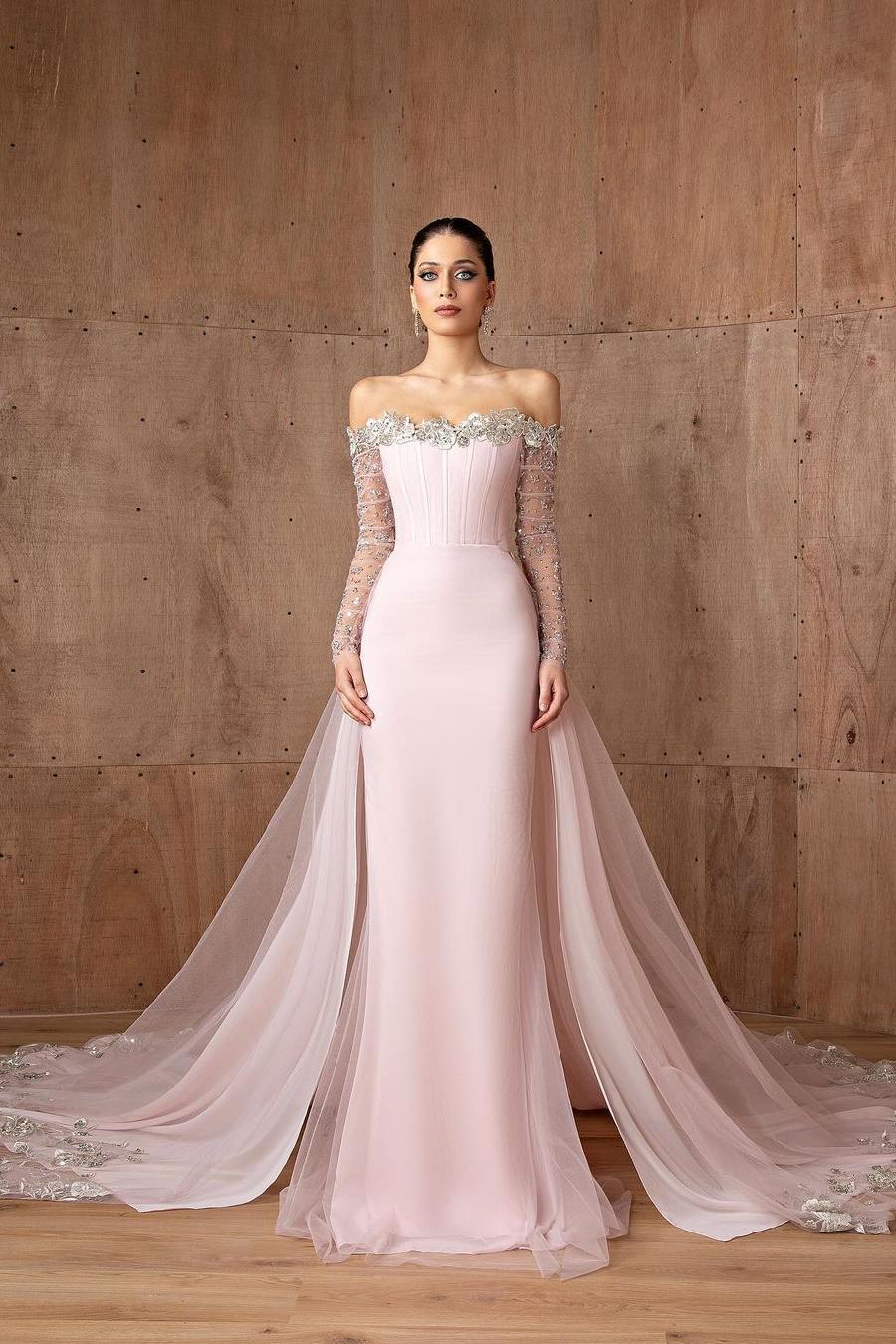 Pink Detachable Train Prom Dress Long Sleeve Off the Shoulder Sequined Formal Dress