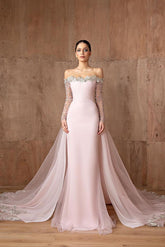 Pink Detachable Train Prom Dress Long Sleeve Off the Shoulder Sequined Formal Dress