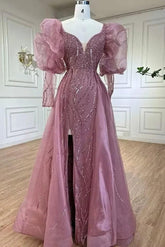 Pink Detachable Train Prom Dress Long Sleeve V Neck Beaded Formal Dress