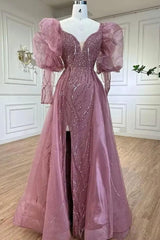 Pink Detachable Train Prom Dress Long Sleeve V Neck Beaded Formal Dress
