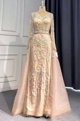 Pink Detachable Train Prom Dress Long Sleeve V Neck Formal Dress With Lace Appliques