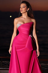 Pink Detachable Train Prom Dress Sleeveless Strapless Beaded Formal Dress