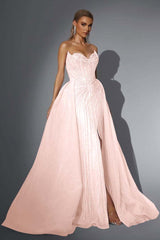 Pink Detachable Train Prom Dress Sleeveless Sweetheart Beaded Formal Dress