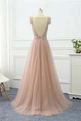 Pink Detachable Train Prom Dress Sleeveless V Neck Beaded Formal Dress
