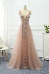 Pink Detachable Train Prom Dress Sleeveless V Neck Beaded Formal Dress