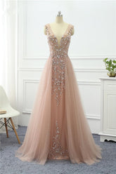 Pink Detachable Train Prom Dress Sleeveless V Neck Beaded Formal Dress