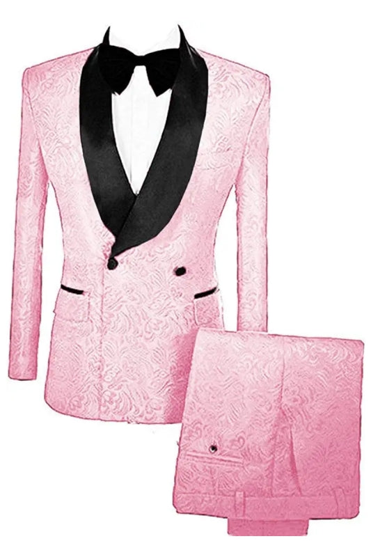 Pink Double Breasted Lapel Jacquard Wedding Suit with Velvet Lapel