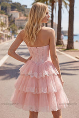 Pink Floral Strapless Lace Corset Short Homecoming Dress with Ruffles