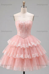 Pink Floral Strapless Lace Corset Short Homecoming Dress with Ruffles