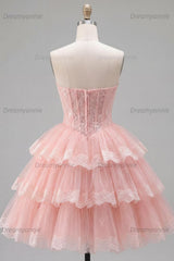 Pink Floral Strapless Lace Corset Short Homecoming Dress with Ruffles