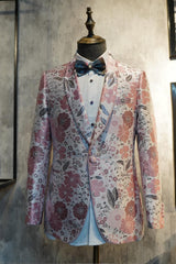 Pink Floral Jacquard Shawl Lapel 2-Piece Prom Homecoming Suit Blazer Pants