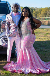 Pink Floral Jacquard Shawl Lapel 2-Piece Prom Homecoming Suit Blazer Pants