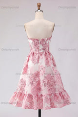 Pink Floral Jacquard Strapless Corset Short Homecoming Dress with Ruffles