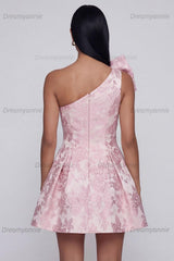Pink Floral One Shoulder A-Line Short Cocktail Dress with Bow