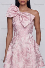 Pink Floral One Shoulder A-Line Short Cocktail Dress with Bow