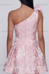 Pink Floral One Shoulder A-Line Short Cocktail Dress with Bow