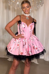 Pink Floral Printed A Line Homecoming Dresses Short Corset Cocktail Dresses With Bow