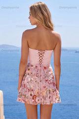 Pink Floral Strapless Ruched A-Line Corset Short Homecoming Dress