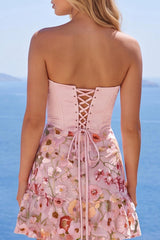 Pink Floral Short Corset Strapless Ruched A Line Homecoming Dress