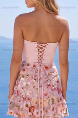 Pink Floral Strapless Ruched A-Line Corset Short Homecoming Dress