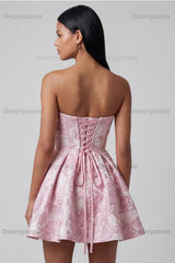 Pink Floral Strapless Ruffled A-Line Corset Short Cocktail Dress with Bow