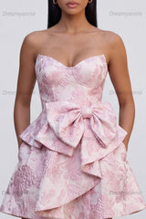 Pink Floral Strapless Ruffled A-Line Corset Short Cocktail Dress with Bow