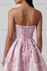 Pink Floral Strapless Ruffled A-Line Corset Short Cocktail Dress with Bow