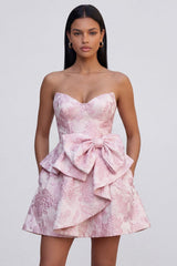Pink Floral Strapless Ruffled A-Line Corset Short Cocktail Dress with Bow