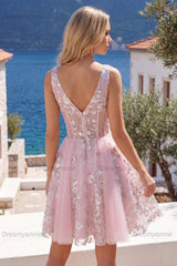 Pink Floral V-Neck A-Line Corset Short Homecoming Dress