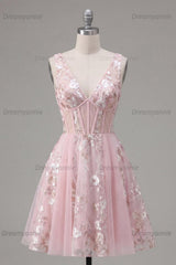 Pink Floral V-Neck A-Line Corset Short Homecoming Dress