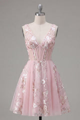 Pink Floral V-Neck A Line Short Corset Homecoming Dress