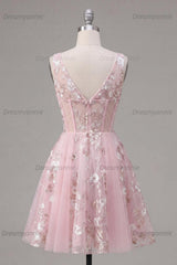 Pink Floral V-Neck A-Line Corset Short Homecoming Dress