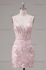 Pink Floral V-Neck Beaded Tight Short Corset Homecoming Dress