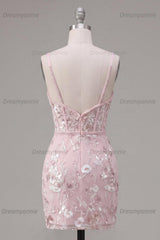Pink Floral V-Neck Beaded Tight Short Corset Homecoming Dress