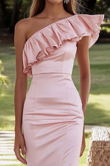 Pink Formal Dress Satin One Shoulder Ruffled Long Mermaid Wedding Guest Dress