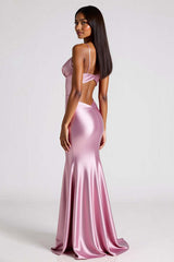 Pink Formal Dress Satin Spaghetti Straps Long Mermaid Wedding Guest Dress