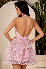 Pink Halter Deep V Corset Homecoming Dress with 3D Flowers & Tiered Tulle Skirt