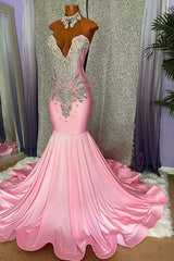 Pink Halter Mermaid Prom Dress with Rhinestone Appliques