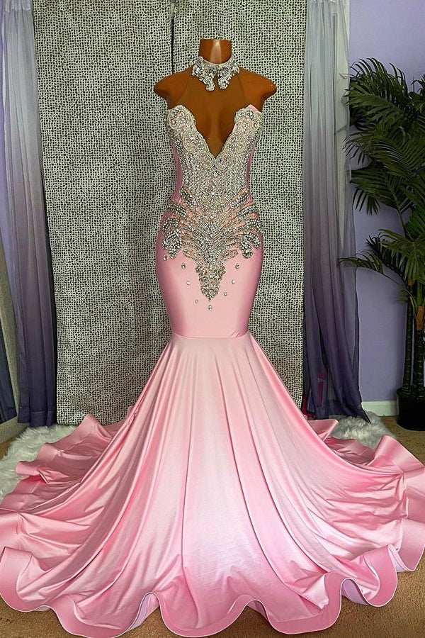Pink Halter Mermaid Prom Dress with Rhinestone Appliques