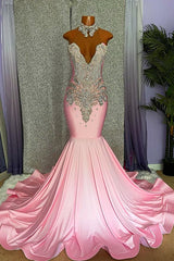 Pink Halter Mermaid Prom Dress with Rhinestone Appliques