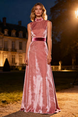 Pink High Neck A-Line Long Velvet Holiday Party Dress With Belt